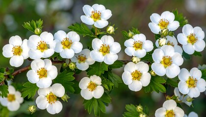 Close-up of small white flowers with yellow centers on a twig, spring bloom