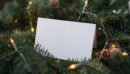 Blank Card Amidst Evergreen Foliage with Soft, Diffused Light and Warm Twinkling Elements.
