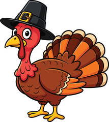 Cute cartoon turkey wearing pilgrim hat, festive Thanksgiving bird illustration with colorful feathers, holiday design for kids and decoration