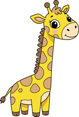 Cute cartoon giraffe with long neck and smiling face, adorable yellow animal illustration for kids education, zoo wildlife art