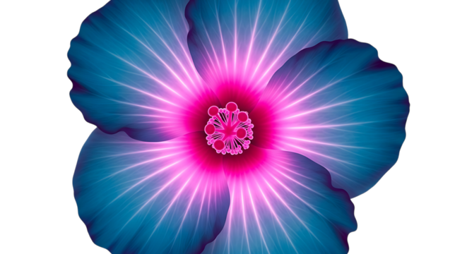 Vibrant blue hibiscus flower with glowing pink center isolated on transparent background - Powered by Adobe