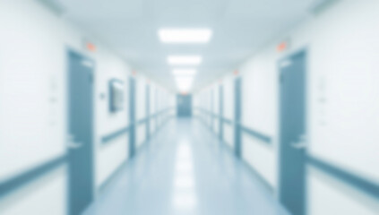 Blurred perspective of a long hospital corridor with doors and lights