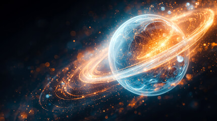 Obraz premium Glowing energy sphere emitting light particles in cosmic abstract swirl pattern.