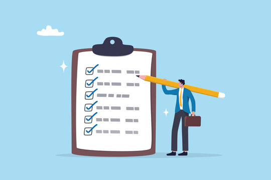 Todo list clipboard, work achievement survey form or completion items, project progress, checkmark or achievement, businessman holding pencil finishing project checklist tasks.
