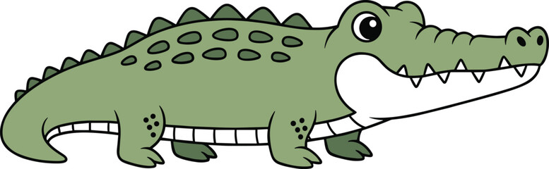 Cute green cartoon crocodile smiling with big eyes, funny reptile illustration for kids education, animal vector drawing artwork design