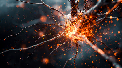 Glowing neuron structure with synaptic connections on dark background in digital style.