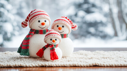 Cute crocheted snowman family with winter hats and scarves on snowy background.