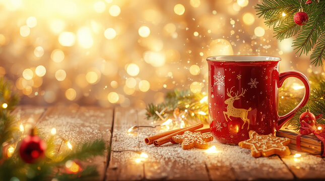 Festive red mug with reindeer and snowflakes surrounded by cookies and lights. - Powered by Adobe