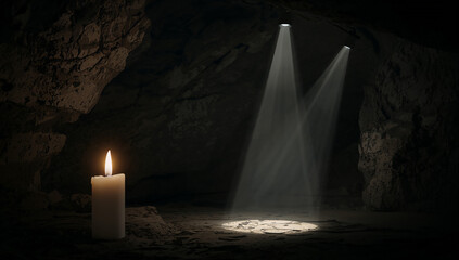 Candlelit Cave with Illuminated Spotlights on Ground.