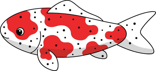 Colorful koi fish illustration with red and white spots, cute aquatic animal vector art for kids, cartoon fish drawing