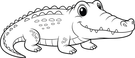 Cute cartoon crocodile smiling with big eyes, funny alligator illustration for kids coloring book, animal drawing outline, vector artwork