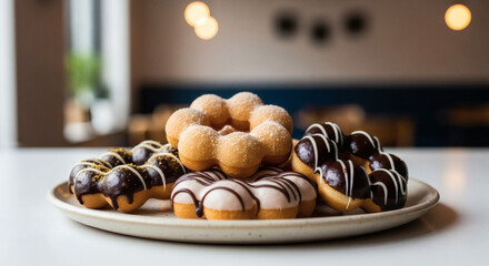 Assortment of Mochi Donuts: Sugar Dust, Dark Chocolate, and Vanilla Icing, Plated Together in a Darker Cafe Environment