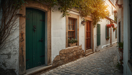 Charming European alleyway with cobblestone street and colorful doors