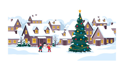 Winter Wonderland Village: Capturing the holiday spirit, a charming illustration showcases a snow-covered village adorned with festive lights and a towering Christmas tree.