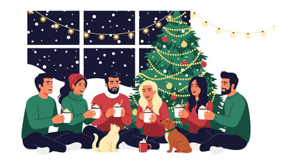 Cozy Gathering in Winter: Gathered together around the illuminated Christmas tree, a group of friends, bundled in warm attire, share warm drinks and stories.