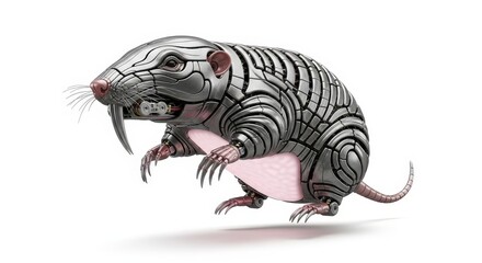 Cyberpunk Mole Rat with Metal Armor Robotic Creature Wildlife Animal on White Background 3D Rendering