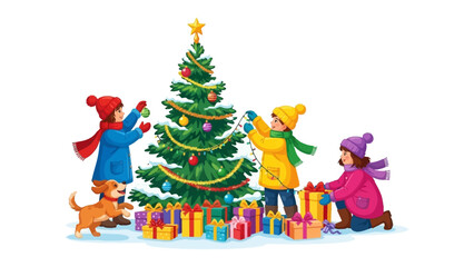 Holiday Cheer: Children decorate a Christmas tree with ornaments and gifts, full of festive spirit and a joyful atmosphere.