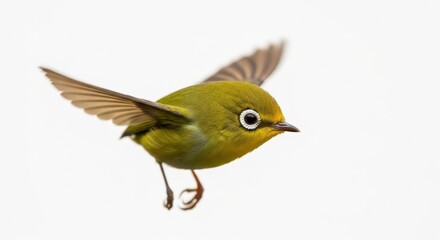 Warbling White-eye Bird in Flight Against White Backdrop Close Up Wildlife Photography Avian Beauty Tropical Birdlife Natural World Detailed Plumage
