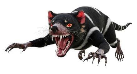 Tasmanian Devil Snarling Render on White Background Aggressive Wildlife Marsupial Carnivore Devilish Grin Black Fur and White Stripes Fierce Animal