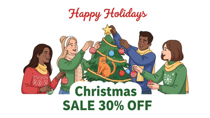 Joyful Holiday Celebrations: An illustration depicts a diverse group of friends adorned with Christmas sweaters, eagerly preparing a Christmas tree, radiating warmth and cheer for the festive holiday.