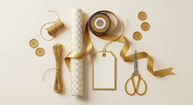 Elegant gold ribbon gift wrapping supplies with scissors and tags