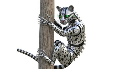 Robotic Leopard Climbing Tree on White Background