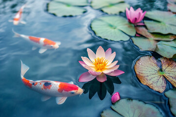 dreamy lotus pond where colorful koi fish swim beneath delicate floating petals