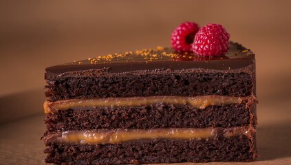Chocolate Cake Slice with Raspberry, Glistening Glaze and Caramel Layers.
