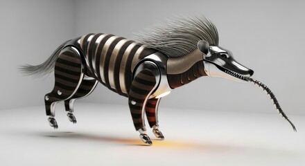 Striped Aardvark Robot: Steampunk Animal Automaton with Metallic and Furry Texture, Standing on White Isolated Studio Background