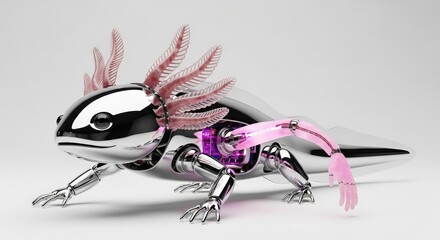 Axolotl Robot with Cybernetic Design: Robotic Amphibian with Chrome Finish and Visible Mechanics on Isolated White Background
