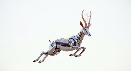 Robot Springbok: Metallic Springbok Sculpture with Ornate Horns, Jumping in Abstract White Space, Reflective Surface