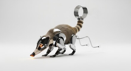 Robot Anteater: Robotic Nasua with Shiny Metal Body, Innovative Animal Design on White