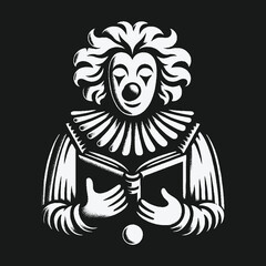 Obraz premium Monochrome graphic illustration of a pierrot clown reading a book.