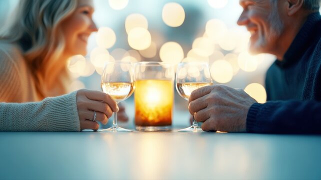 Senior couple celebrating love and togetherness, enjoying intimate evening dinner with wine, hands raising glasses, warm candle glow bokeh creates happiness and romance.