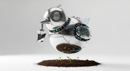 Mechanical Bird Robot Planting Seeds Metallic Engineering Design Robotic Animal Machine Technology Artificial Intelligence Agricultural Automation Future Farming