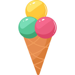 Three scoop ice cream cone with yellow green and pink balls in a waffle cone on a white background with a transparent background
