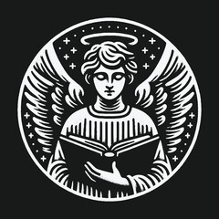 Vintage style angel with wings and halo reading a book illustration.