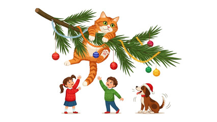 Playful Holiday Mishap: A curious feline finds itself tangled in festive decorations as two children and a puppy try to help, creating a whimsical scene of holiday cheer.