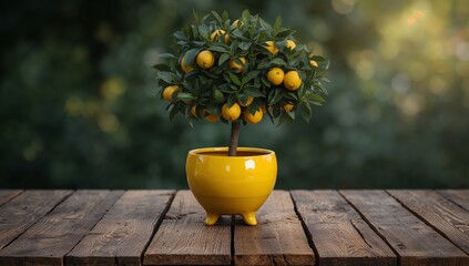 Citrus Still Life with Spheres and Textural Wood, Serene Background, Yellow Pot.