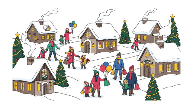 Holiday cheer in a Winter Village: Amidst a festive atmosphere, residents of a charming winter village revel in the holiday season, gathering with friends and family.