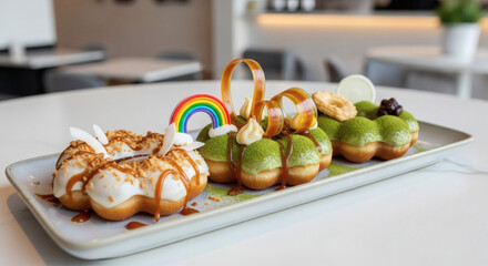 Gourmet Platter of Mochi Donuts: White Chocolate Caramel and Matcha Green Tea with Fancy Toppings and Rainbow Garnish in a Cafe
