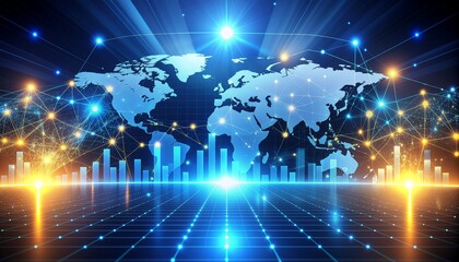 Global business network connecting the world with bright modern technology and dynamic financial growth charts for international markets