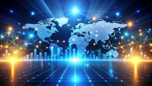 Global business network connecting the world with bright modern technology and dynamic financial growth charts for international markets