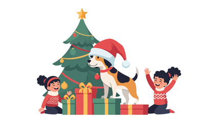 Joyful Christmas Scene: Two children and a dog celebrate the holiday in this heart warming image.  A decorated Christmas tree, wrapped gifts, and a festive dog.