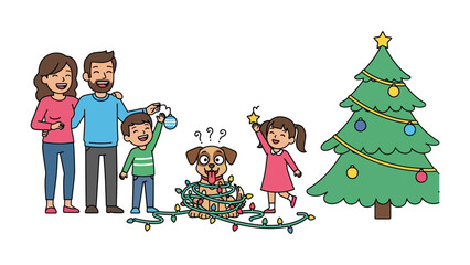 Festive Family Fun with Christmas Decor: A cheerful family is gathered around a christmas tree, decorating with a playful dog and spreading holiday cheer.