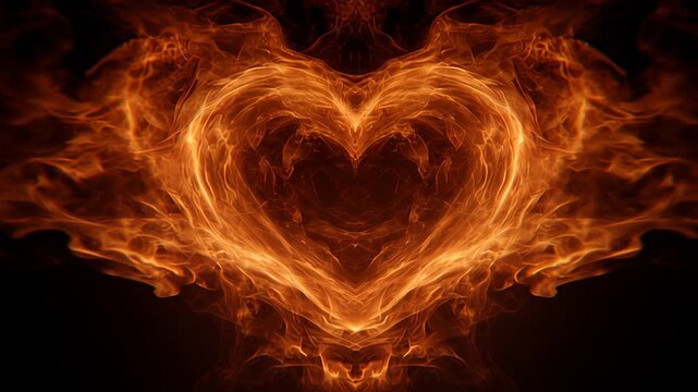 Symmetrical flaming heart surrounded by dark smoke and glowing embers Concept of intense love and emotional strength