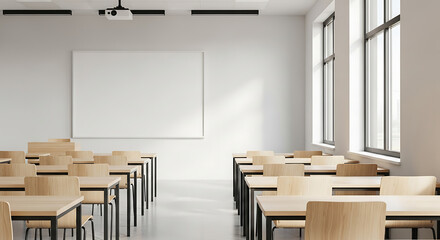 Empty modern classroom with wooden desks, chairs, whiteboard, and projector, bathed in natural light from large windows.