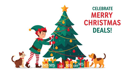 Christmas Cheer: An elf joyfully decorates a festive tree, while a cheerful cat and dog eagerly watch, surrounded by brightly wrapped presents and holiday joy.