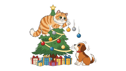 Holiday Mischief: A playful cat and a curious dog engage in festive antics around a decorated Christmas tree. The scene captures the essence of holiday fun and companionship.
