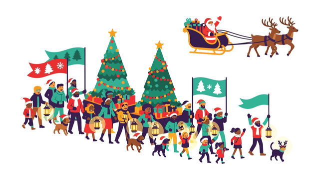 Christmas Parade of Joy: A festive illustration captures the essence of Christmas with a vibrant parade, featuring floats, adorned Christmas trees, and joyful participants.